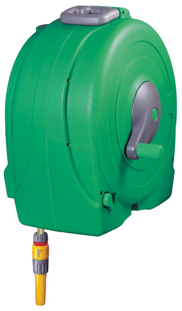 Hozelock Fast Reel muurhaspel inclusief 40 meter slang, startset koppelstukken en tuinspuit.