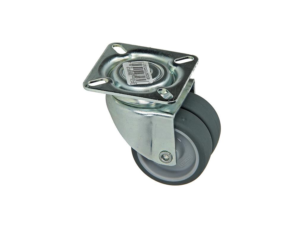 RUBBER GRIJS DUBBEL ZWENKWIEL MET PLAAT Ø50MM 70KG